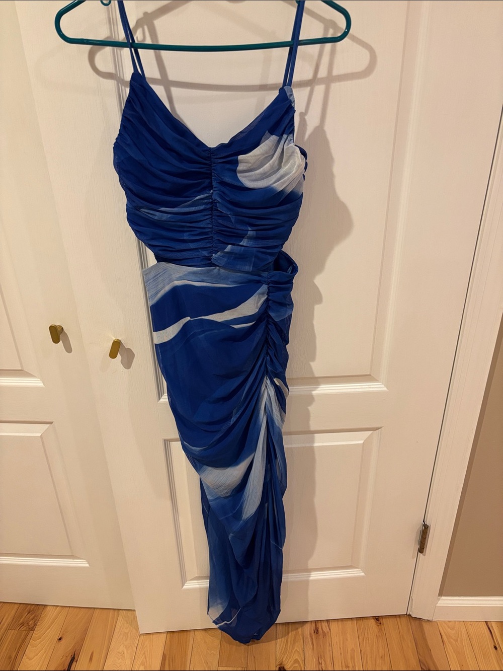 Express cut out sz S small Blue Ruched Spaghetti-Strap Evening Dress